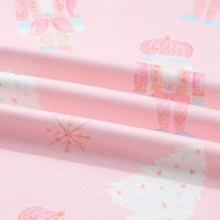 Pink Christmas Tree Nutcracker Doll Print Contrast Trim Long Sleeve Top Matching Shorts Set