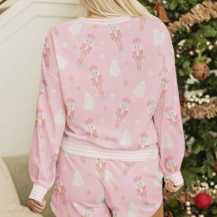 Pink Christmas Tree Nutcracker Doll Print Contrast Trim Long Sleeve Top Matching Shorts Set