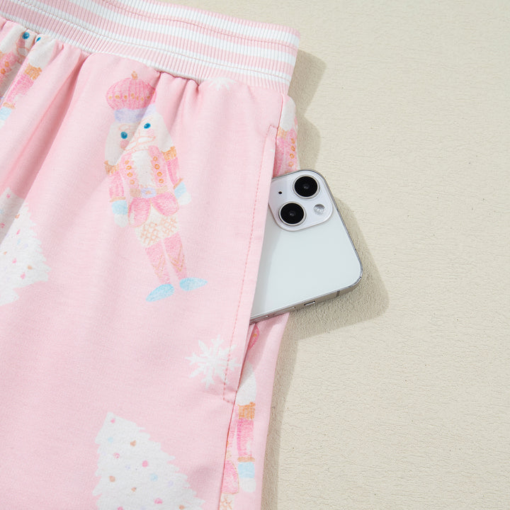 Pink Christmas Tree Nutcracker Doll Print Contrast Trim Long Sleeve Top Matching Shorts Set