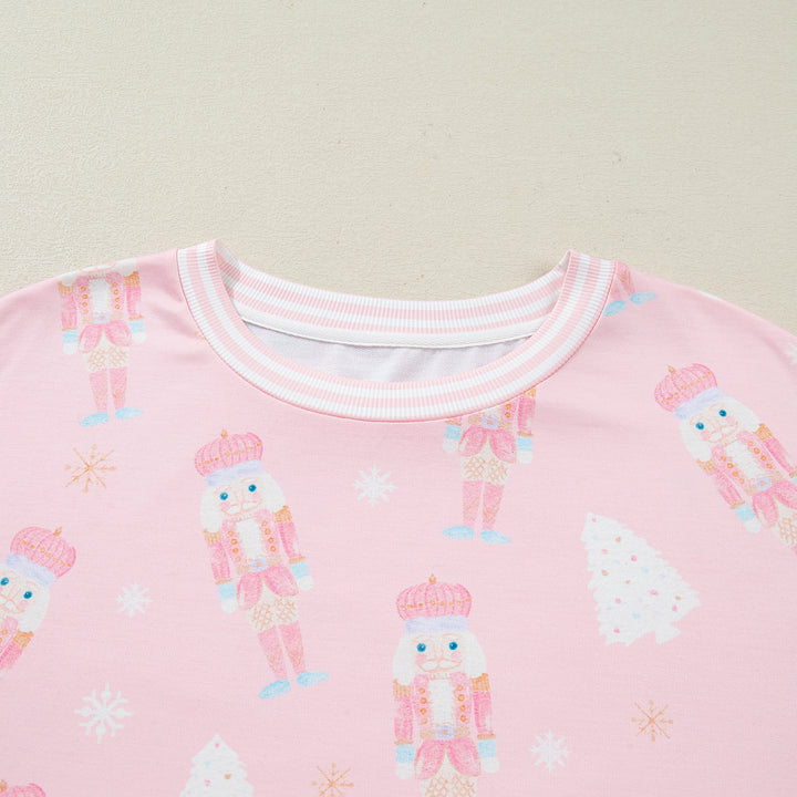 Pink Christmas Tree Nutcracker Doll Print Contrast Trim Long Sleeve Top Matching Shorts Set