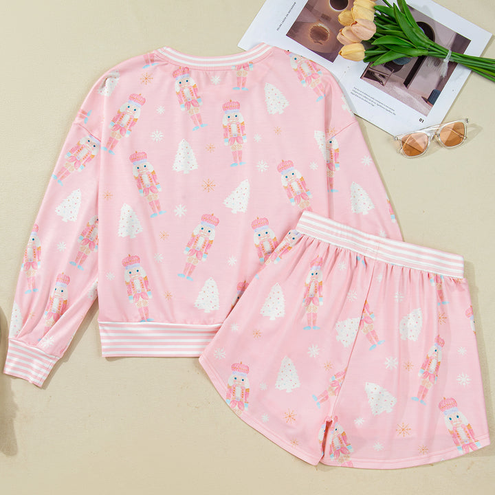 Pink Christmas Tree Nutcracker Doll Print Contrast Trim Long Sleeve Top Matching Shorts Set