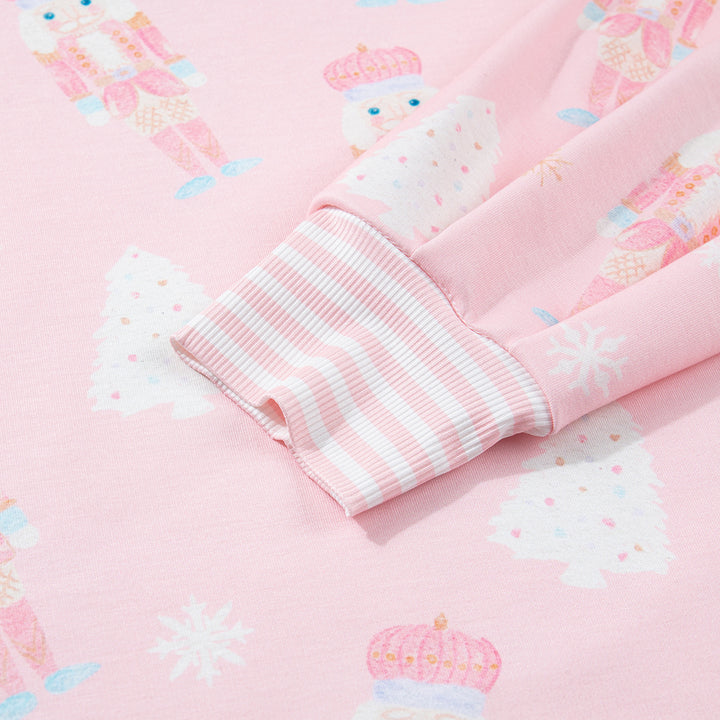 Pink Christmas Tree Nutcracker Doll Print Contrast Trim Long Sleeve Top Matching Shorts Set