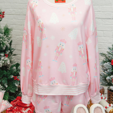 Pink Christmas Tree Nutcracker Doll Print Contrast Trim Long Sleeve Top Matching Shorts Set