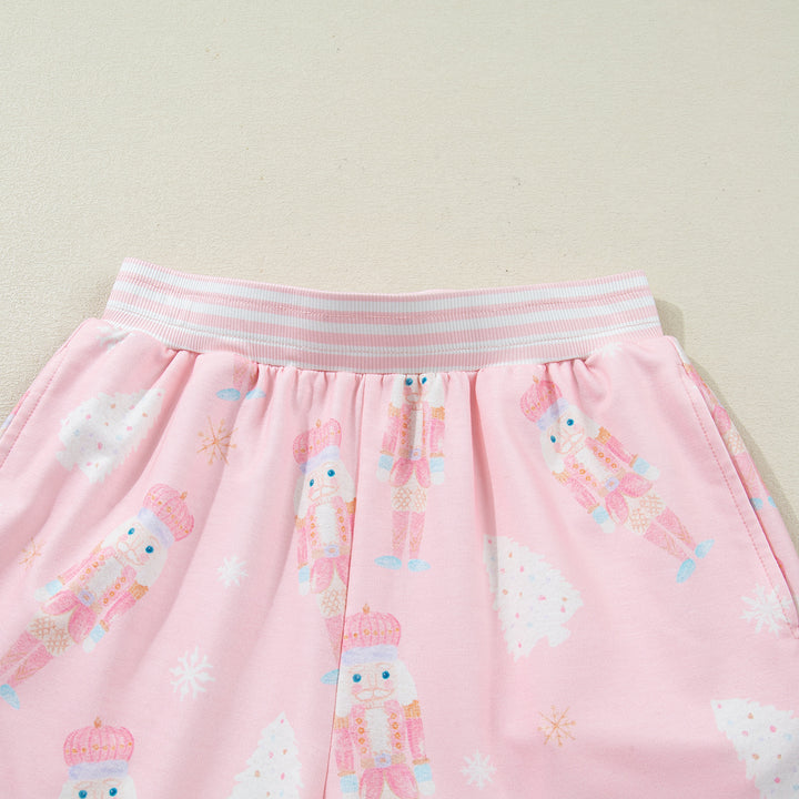Pink Christmas Tree Nutcracker Doll Print Contrast Trim Long Sleeve Top Matching Shorts Set