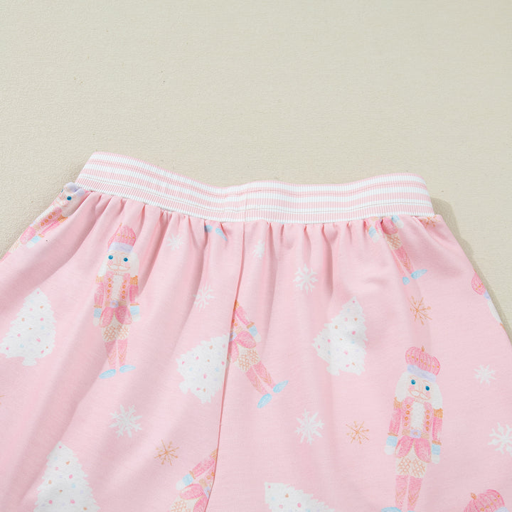 Pink Christmas Tree Nutcracker Doll Print Contrast Trim Long Sleeve Top Matching Shorts Set