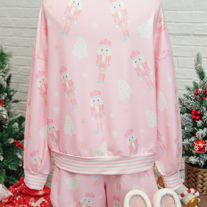 Pink Christmas Tree Nutcracker Doll Print Contrast Trim Long Sleeve Top Matching Shorts Set