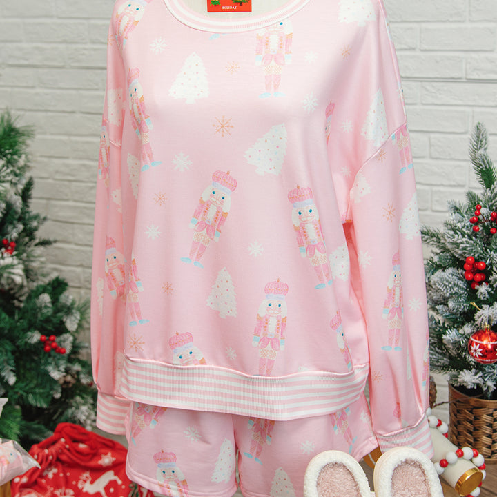 Pink Christmas Tree Nutcracker Doll Print Contrast Trim Long Sleeve Top Matching Shorts Set