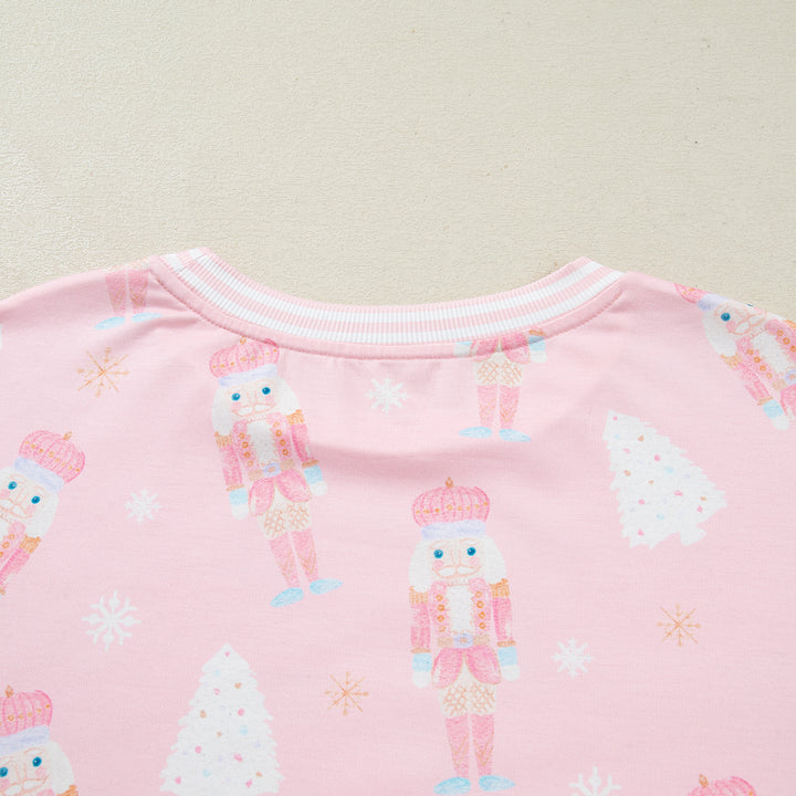 Pink Christmas Tree Nutcracker Doll Print Contrast Trim Long Sleeve Top Matching Shorts Set