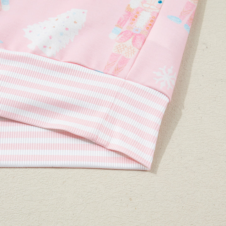 Pink Christmas Tree Nutcracker Doll Print Contrast Trim Long Sleeve Top Matching Shorts Set